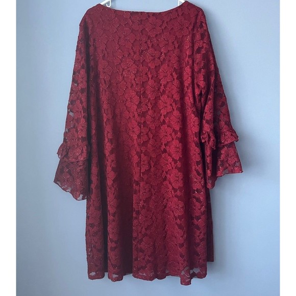Robbie Bee Bell Sleeve Lace Knee Length Dress Red Shimmer 3X - Picture 5 of 6